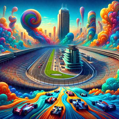 The primary subject of the image is a race track with a variety of cars and a large building in the background. The setting is a colorful, artistic representation of a race track, with a mix of vibrant colors and a whimsical, surreal style. The visual style is a combination of digital art and illustration, creating a unique and eye-catching scene. The colors and mood of the image are lively and energetic, with a sense of excitement and motion.